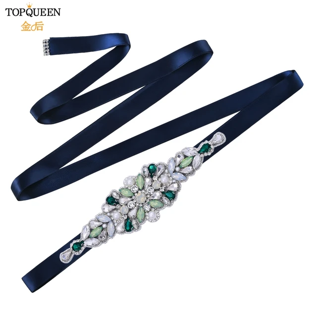TOPQUEEN S443 Luxury Green Rhinestone Bridal Belt Beaded for Formal Evening Dresses Custom Diamond Decorative Belt Handmade navy blue