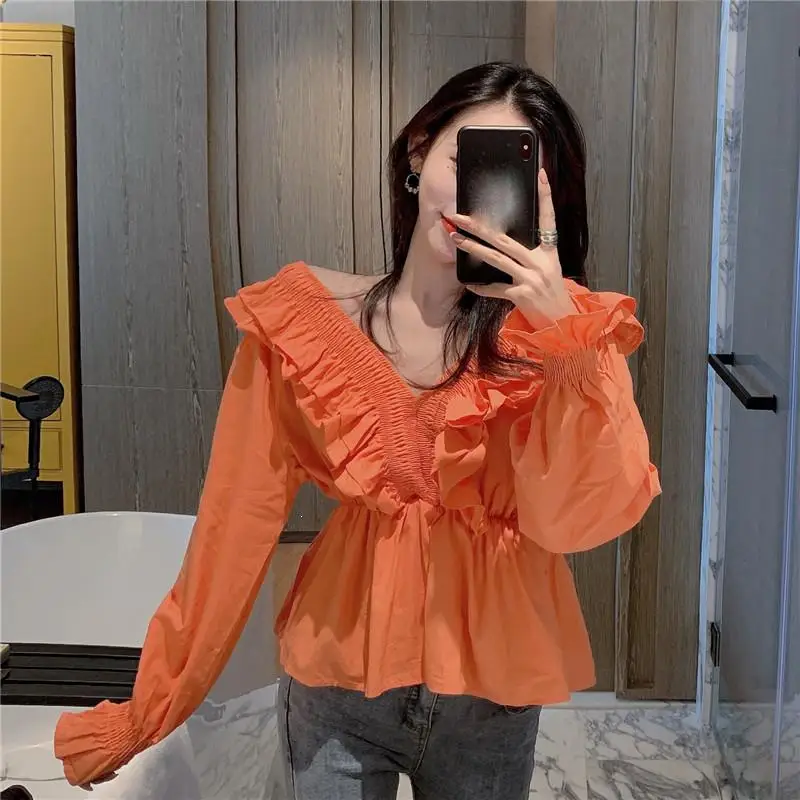 Women Blouse  Casual V Neck Long Sleeve Ruffles Blouse Tops Solid Autumn Blouses Flared Sleeve Elegant Blouse Female