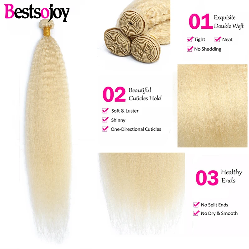 [Bestsojoy] Kinky Straight 613 Blonde Hair Bundles 8"-26" Middle Ratio Remy 3 Pieces Brazilian Weave Bundles Human Hair