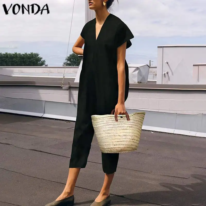VONDA/Большие размеры, женские комбинезоны длиной до икры, Летний комбинезон с короткими рукавами длиной 3/4, цельный комбинезон, штаны, комбинезон, Femme