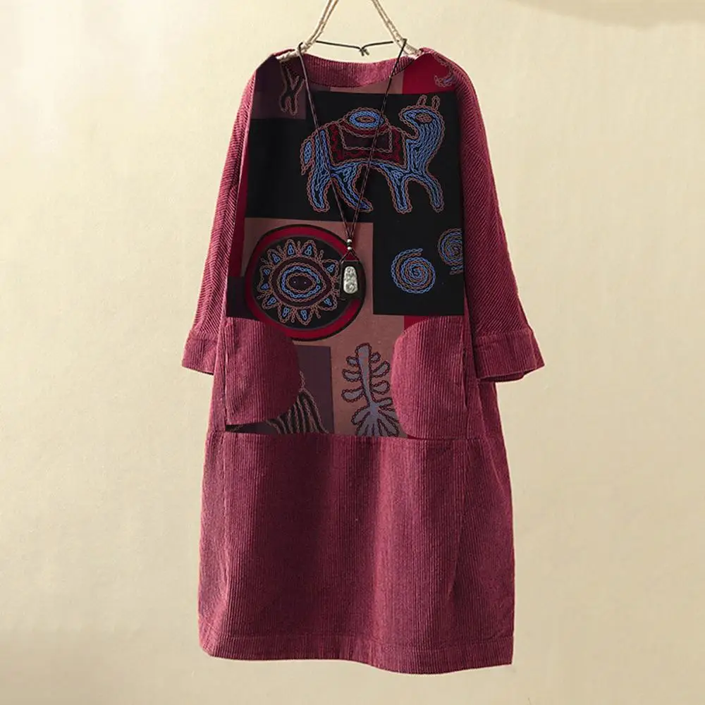 Ceny Kobiety w stylu Vintage sukienki sztruksowe etniczny nadruk patchworkowy z długim rękawem kieszenie luźna zimowa wydłużana sukienka 2020 Trend w modzie