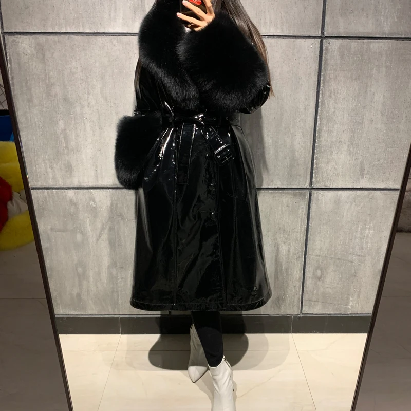 ladies leaher coat long women genuine leather windbreak