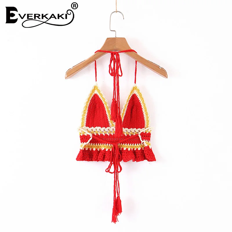 Everkaki Boho Трикотажная майка короткий топ женский с кисточками пляжный кружевной вязаный жилет сексуальный топ без спины Camis женский лето осень
