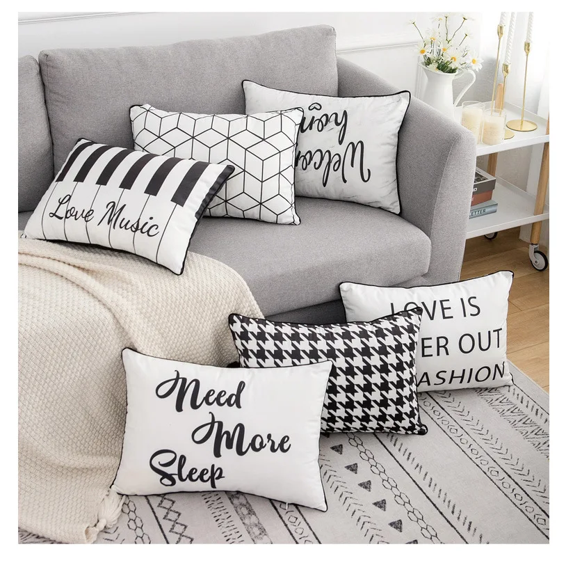 Double Side Print Black White Geometric Pillow Cover Geometric Cushion Cover Velvet Home Decorative 30x50cm Sofa Bed Chair