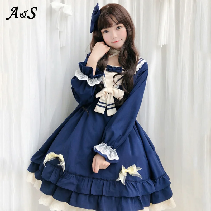 

Anbenser Girl Long Sleeves Lolita Dress Bowknots OP Lolitas Lace Dresses Tea Party Dress Japanese Style Maid Cosplay Costume