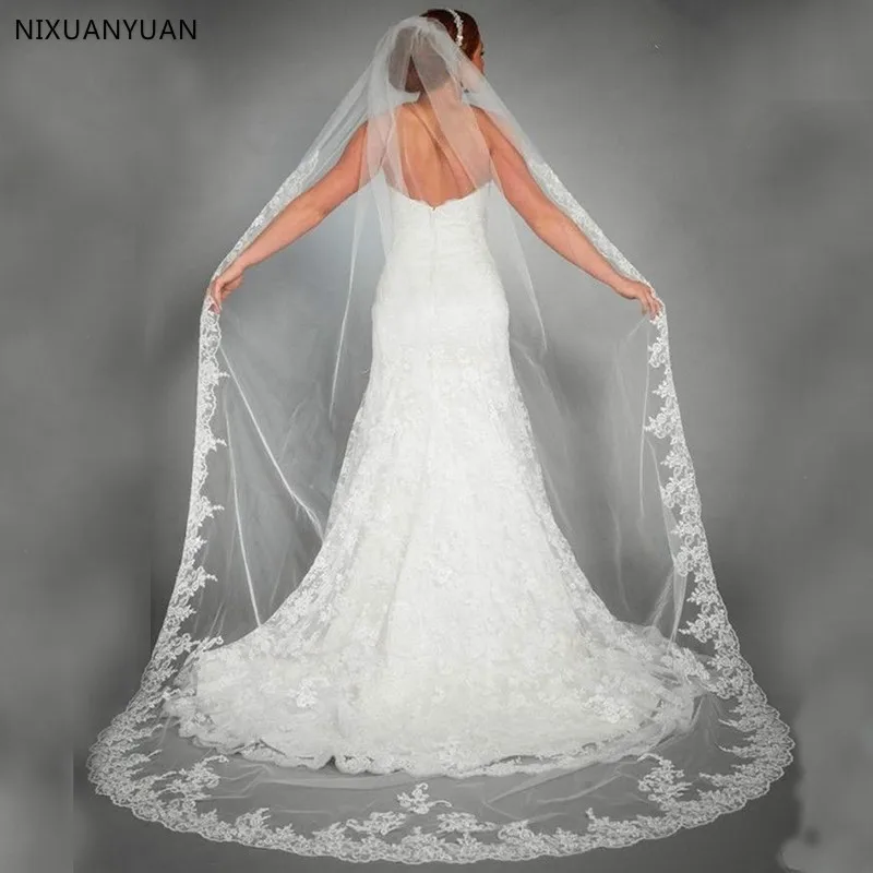 

Elegant Wedding Accessories Appliques Tulle Long Cathedral Wedding Veils Lace Edge 1T Bridal Veils 3 Meters Veu De Noiva Longo