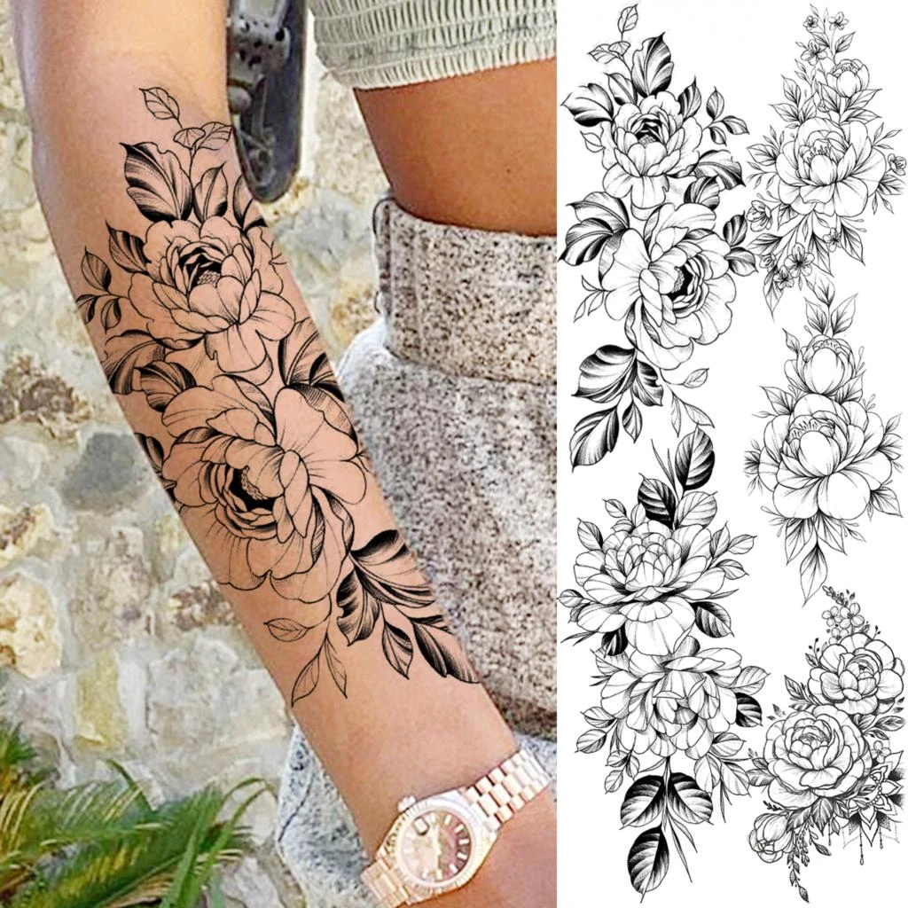 Black Rose Flower Forearm Temporary Tattoos For Women Adult Girl ...