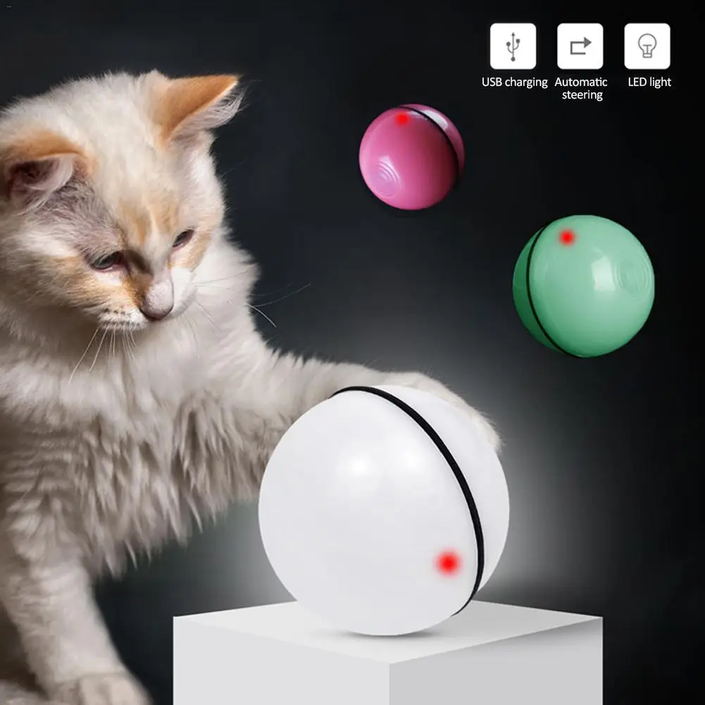 White Gookit Cat Toys Balls Interactive Automatic Rolling Ball USB Rechargeable LED Light Entertainment Pet Exercise Chaser Toy Ball for Cats and Dogs 