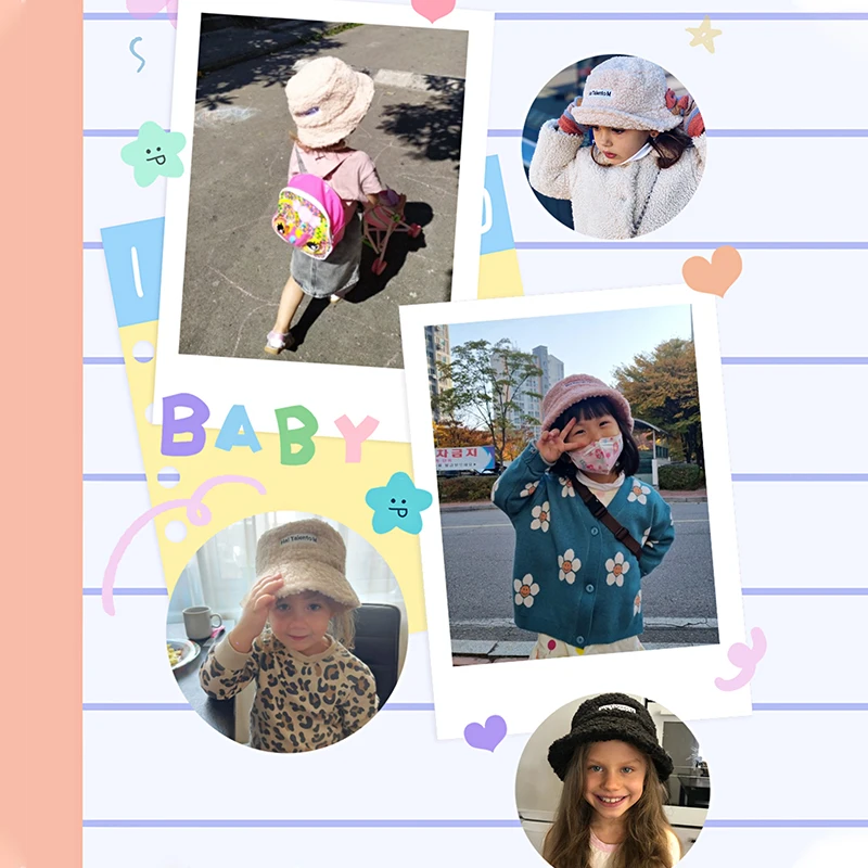 Winter Kids Bucket Hat Cute Lamb Wool Letter Fisherman Hat Solid Flat Top Outdoor Thick Warm Sun Hat