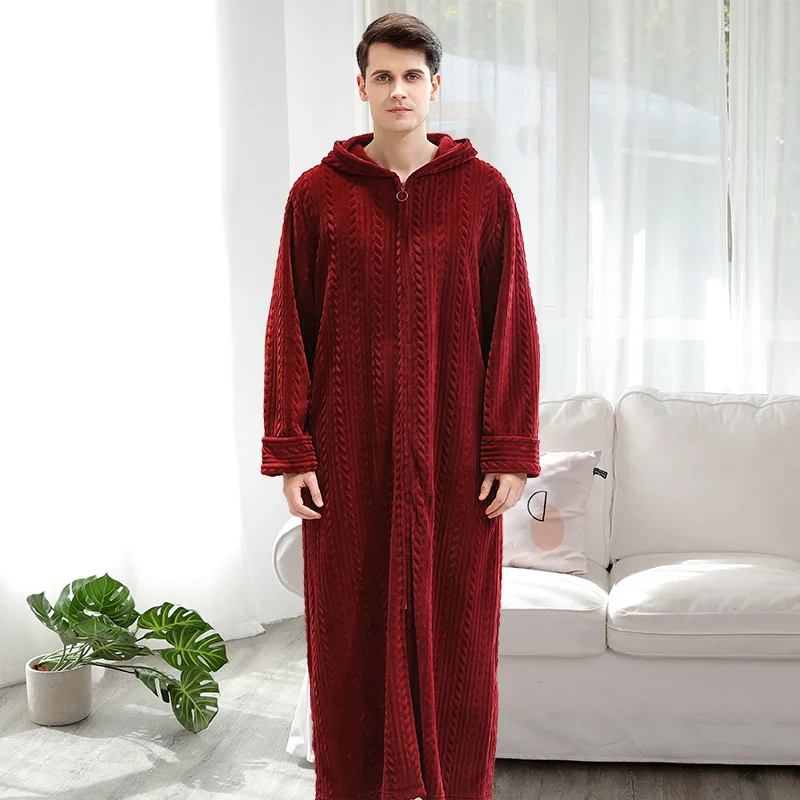 Женская и мужская зимняя длинная фланелевая Коралловая флисовая Пижама длиной до лодыжки, кимоно для влюбленных, одноцветная ночная рубашка, ночная одежда, платье - Цвет: Men Wine Hood
