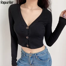 Rapwriter Casual Single-breasted Knitted Cotton Ribbed T-Shirt Girl 2019 Fall Winter Long Sleeve Stretch Cardigan Crop Tops Blue