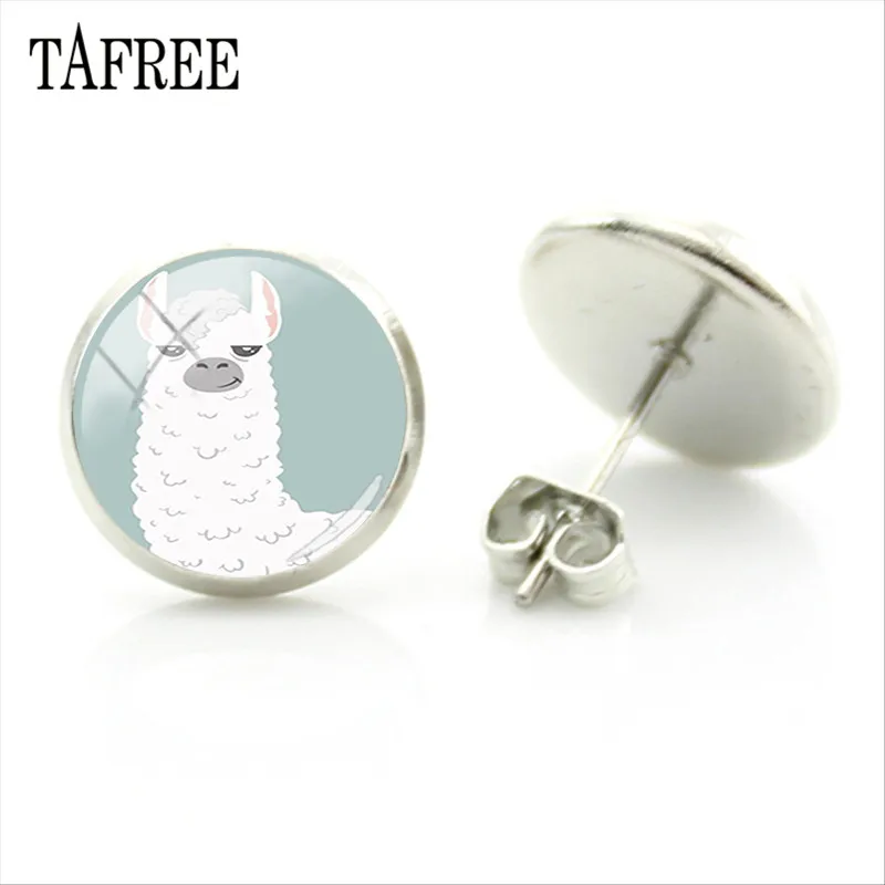 TAFREE, серьги-гвоздики из альпаки с изображением животных ламы, художественное изображение, стеклянный кабошон, очаровательные серьги для девочек и женщин, ювелирные изделия ручной работы, Gtifs YT13