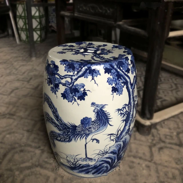 Pouf ancien chinois en céramique bleu et blanc, phénix riche en pivoine,  tambour - AliExpress