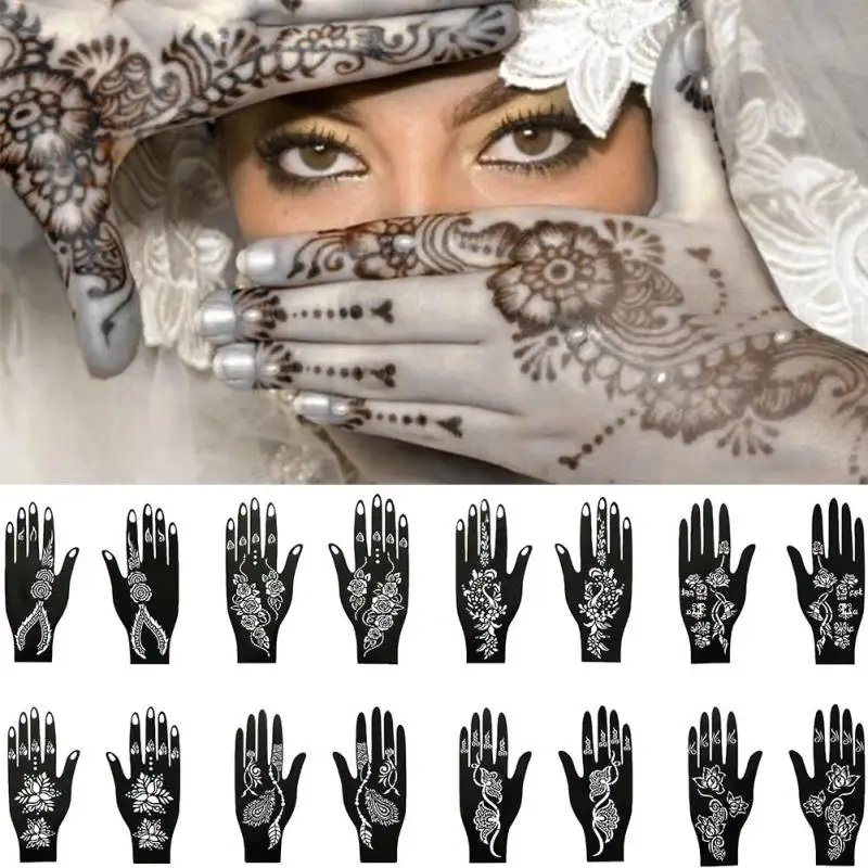 

1 Pair Black Color Hands Henna Stencils 8 Pattern For choose Body Art Tattoos Sticker use Hand Tattoo sticker 21.5*10.5cm