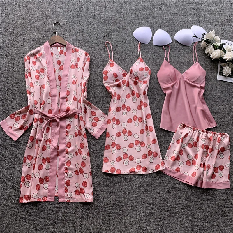 Qweek Women Pajamas 2020 Sleepwear Pijamas Mujer Silk Pyjamas 4 Pieces Set Satin Sleep Lounge Sexy V Neck Nightwear Homewear Pajama Sets Aliexpress