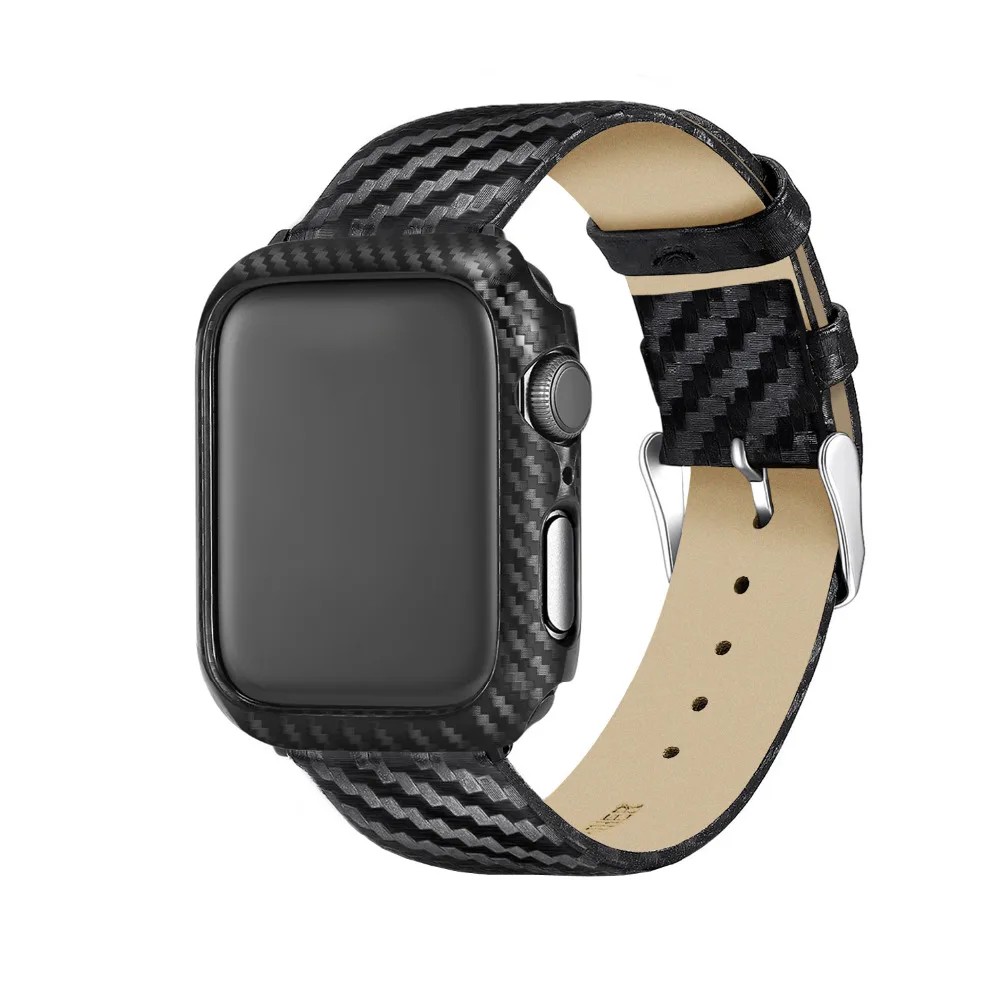 

40mm 44mm Carbon Fibre Pattern Genuine Leather Strap for Apple Watch 4 38mm 42mm Cover Case Wrist Belt for iWatch 3 2 1