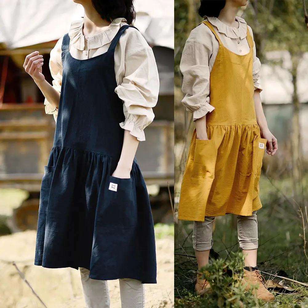 Women Antifouling Cross Back Pockets Cooking Baking Apron Dress Work Clothes Garden Tool Apron, Kitchen Baking Cotton Apron Cook