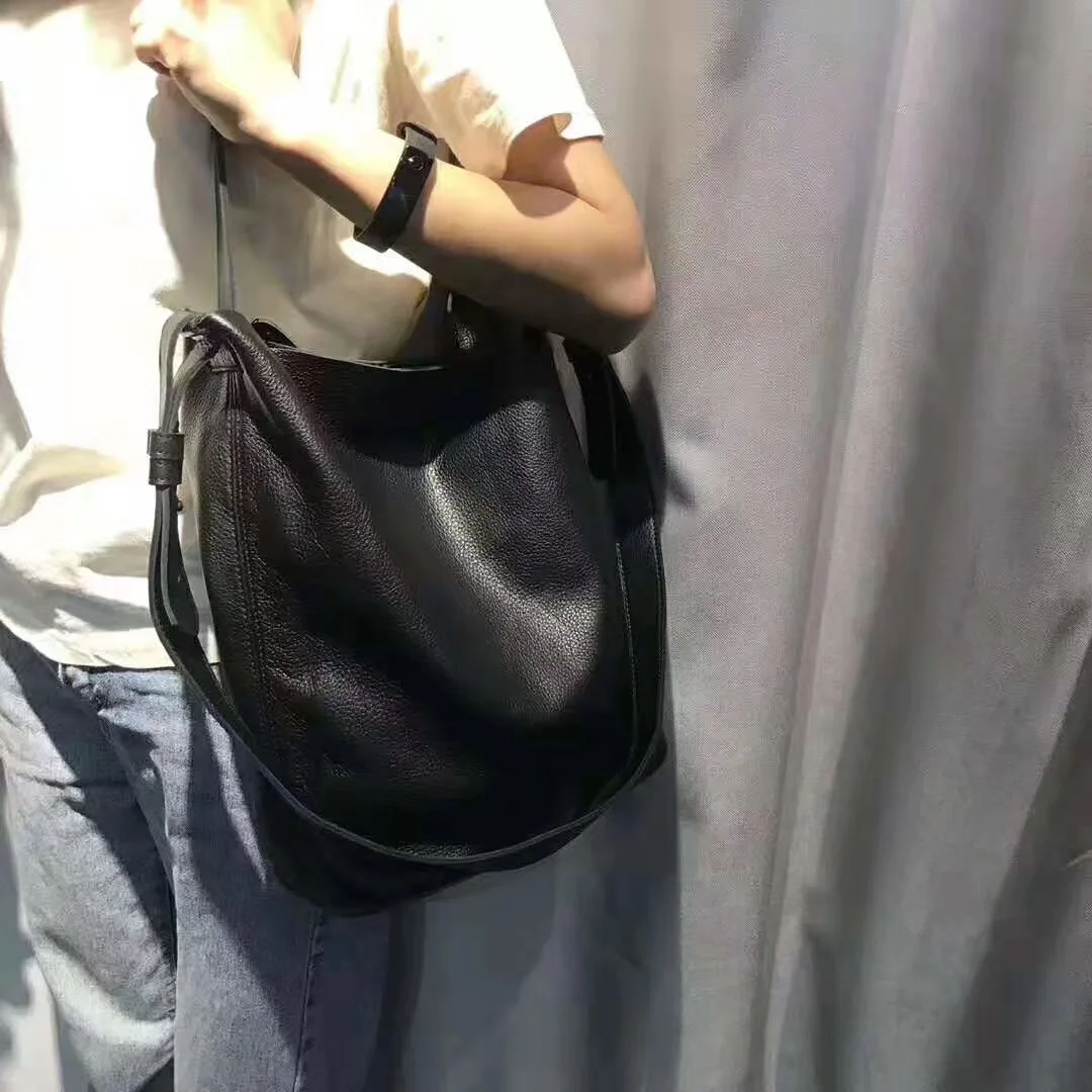 Soft Genuine Leather Women Bucket Shoulder Bags Vertical section Fashion Handbag Totes Female Crossbody Shopping Bag