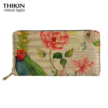 

THIKIN Parrot Rose Pattern Leather Wallets Women Men 's Casual Credit Card Holder Purse Fashion PU Zipper Handbag Long Wallets