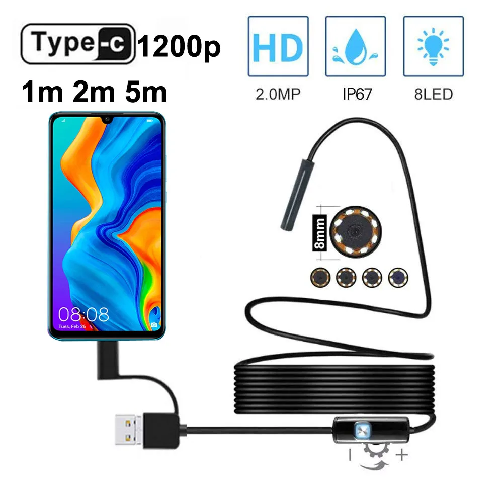 Endoscopio USB C HD 1200P, Cable semirrígido, impermeable, lente de 8mm, 8 luces Led ajustables, cámara endoscópica para teléfono Android y PC