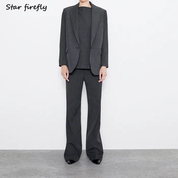 

Star firefly office suit pants suit two-piece female 2019 pocket loose suit high waist pleated straight wide leg pants