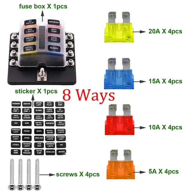 Car Blade Holder Fuse Box 12/10/8/6 Ways Modified Terminal Block Fuse with LED Warning Light for Car Boat Marine Trike 12V 24V 8 Ways