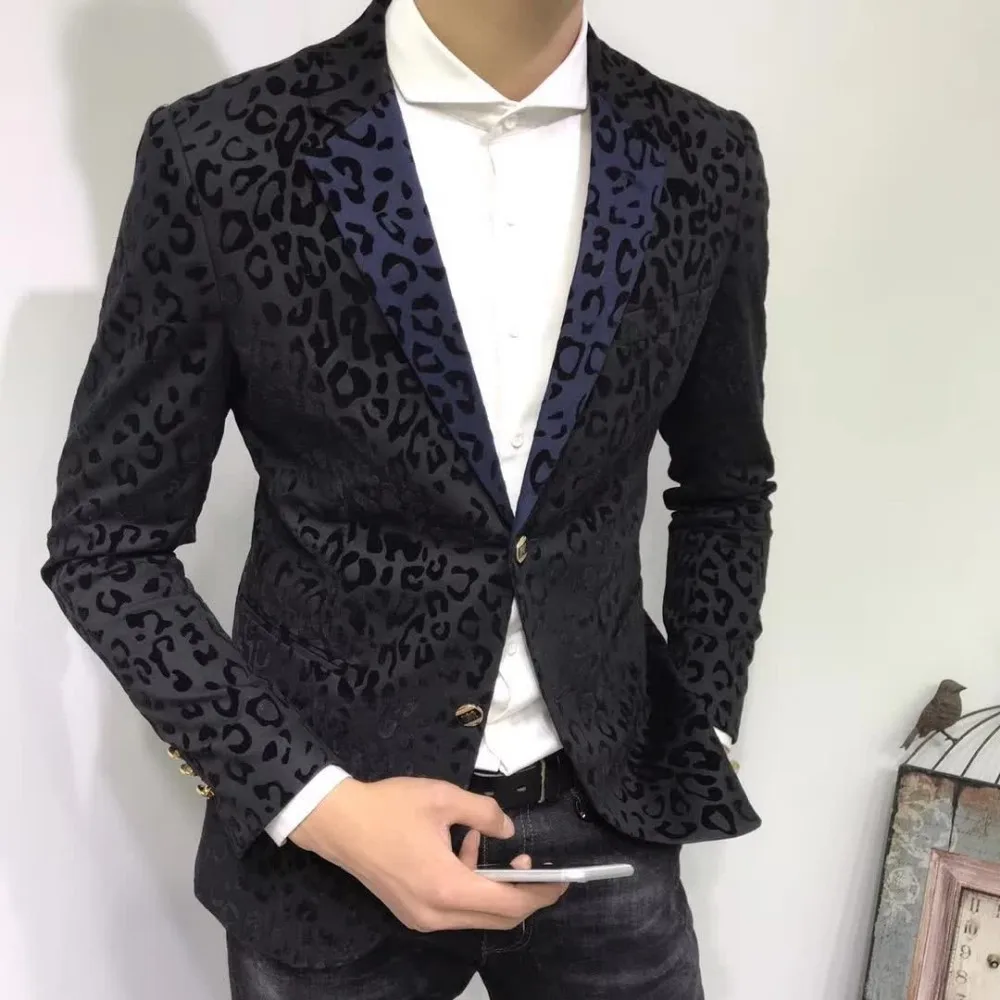 

Contrast Collar Leopard Print Blazer Men Slim Fit 2 Button Elegant Mens Fancy Prom Blazer Hombre Giacche Eleganti Uomo Suit Coat