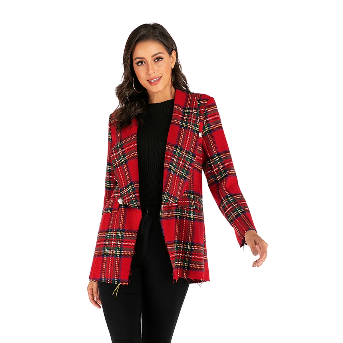 Fashion ladies jacket autumn and winter new plaid long-sleeved woolen coat jacket cardigan women's jacket