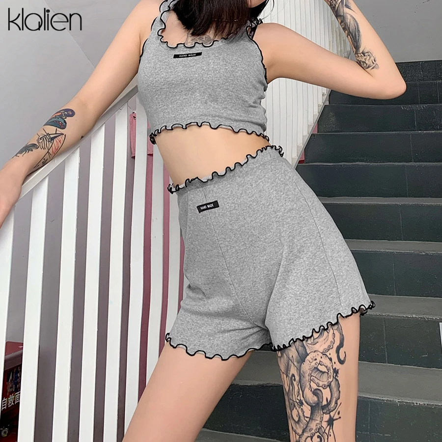 KLALIEN summer women casual two piece set leisure print letter gray cotton top and short activewear sport outfit |