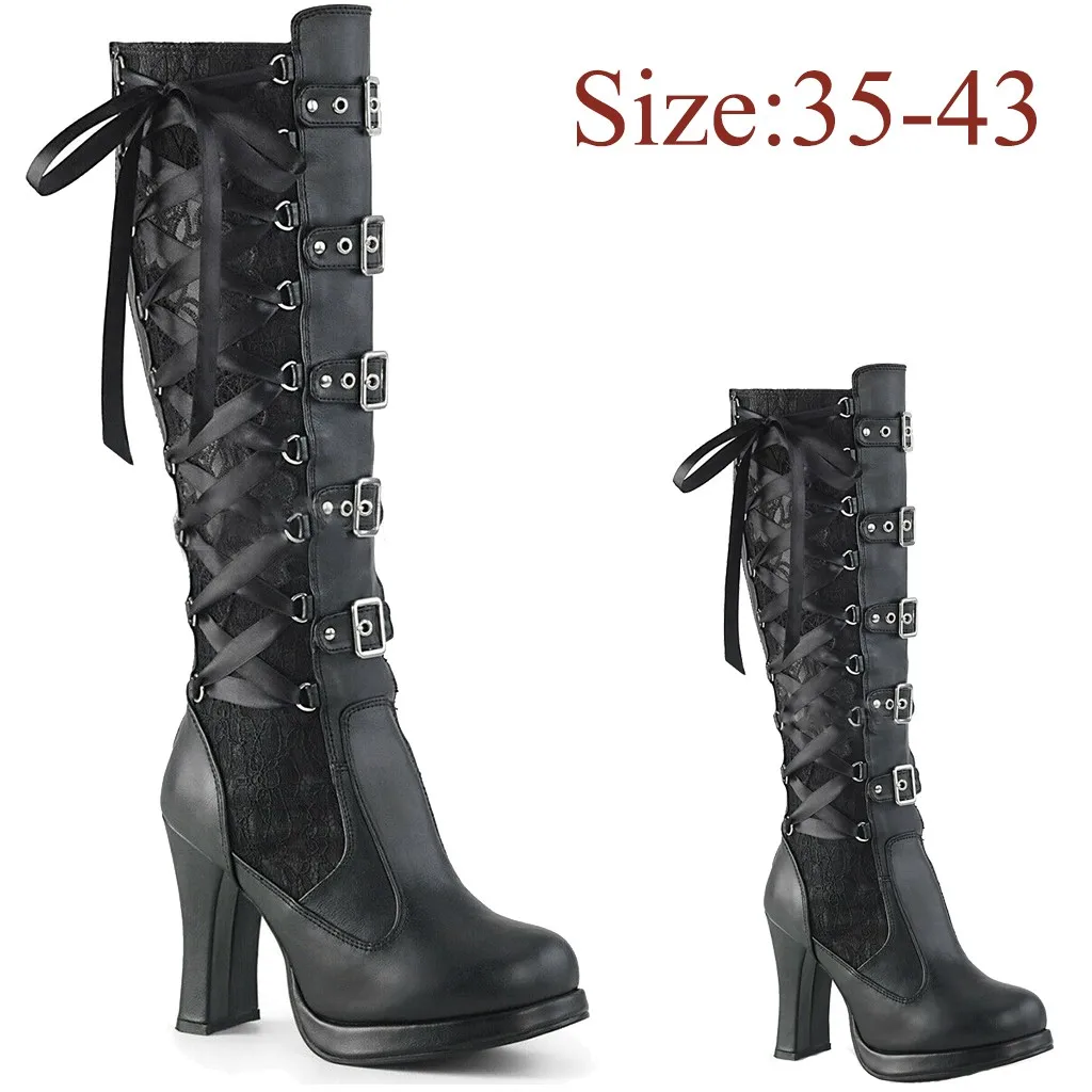 

Knee-High Boots Women Sexy Cross-tied High Heel Boots Female Cross Tied Bootie Winter bottes femme Cosplay Gothic botas mujer A4