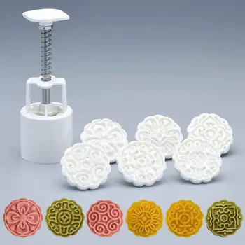

6pcs 3D Flowers Stamps Moon Cake Decor Mould Barrel Round Mooncake Mold 50g Pastry Mooncakes Hand DIY Tool