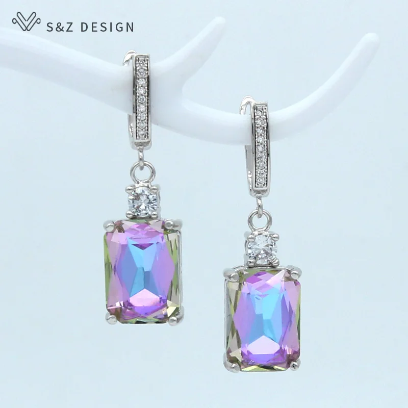 S&Z New Square Imitation Crystal 585 Rose Gold Dangle Earrings Temperament Personality For Women Wedding Party Fashion Jewelry