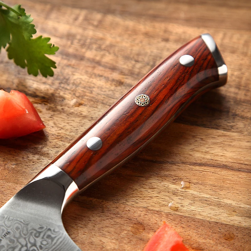 XINZUO 5 ''дюймовый нож Santoku 67 слоев Китай Дамасская сталь кухонные ножи Высокое качество барбекю нож с розовой деревянной ручкой