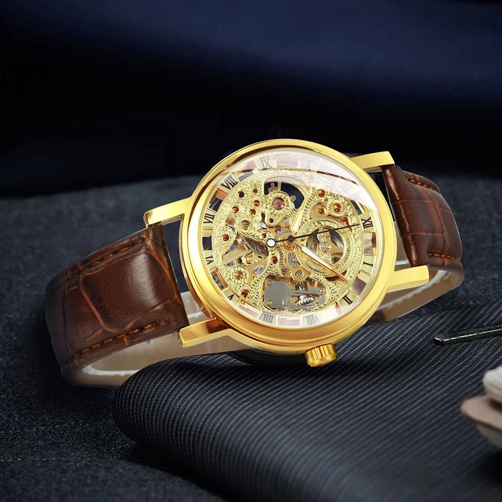 Gold Watch Men Fashion Skeleton Mens Watches Luxury Business Clock Leather Strap Wristwatch