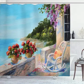 

Lakehouse Decor Collection, Sea View from a Balcony with Cosy Rocking Chair and Flowers in Summer Clear Sky Oil Painting,