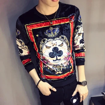 

Selling Luxury Design Printing T Shirt Homme Royal Print Men Velour T Shirt Club Outfit Men Slim Fit Long Sleeve Velvet T Shirt