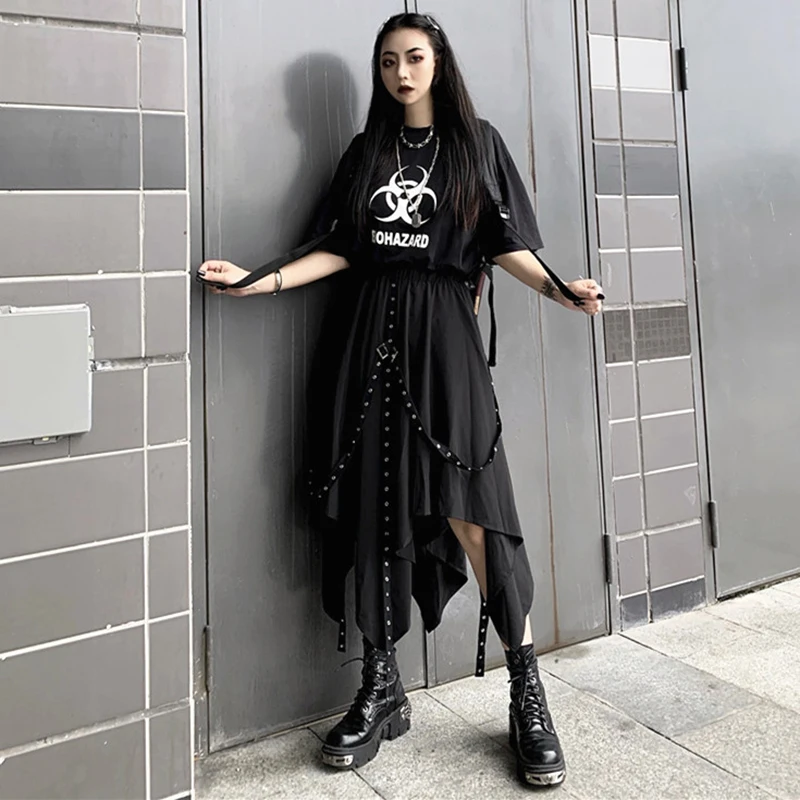 Готические юбки черного цвета в темном стиле, женские винтажные юбки в стиле хип-хоп с асимметричным низом, весенние юбки для девочек, юбки в готическом стиле, женская одежда в стиле панк