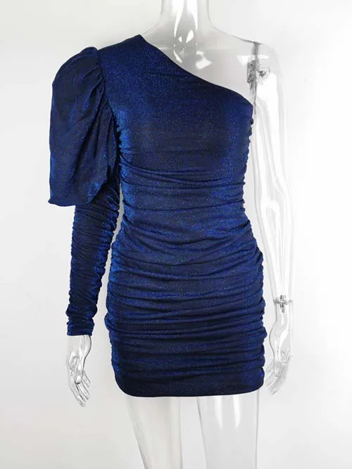 JillPeri, женское мини-платье на одно плечо с пышными рукавами, блестящая галактика, сексуальное, блестящее, шикарное, с рюшами, наряд знаменитости, стрейчевое, вечерние платья - Цвет: Dark Blue
