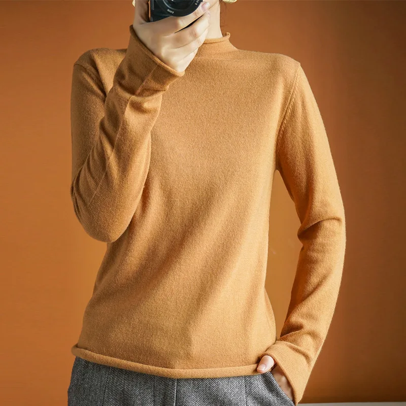 

Spring And Autumn Woollen Sweater Women's 100 Pure Wool Half-Turtle-Neck Crimping Pullover Solid Color Knitted Sweater Slim Fit