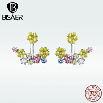

BISAER Hot 100% 925 Sterling Silver Colorful Blossom Stud Earrings For Women Top Popular Zircon Jewelry Fashion Earrings GAE106