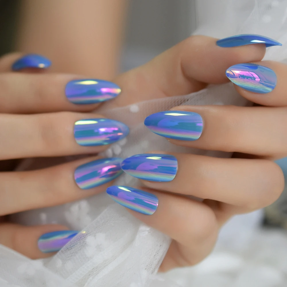 

Blue Duo Chrome Designed Artificial Nail Almond Simple Popular Fake Nail Full Cover Medium False Nail