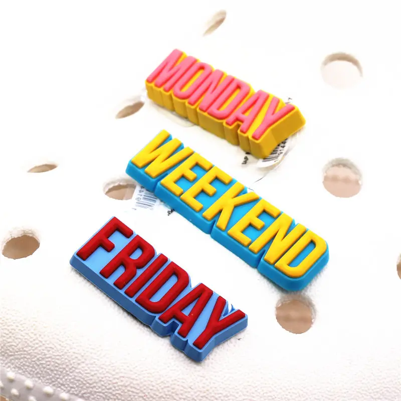 

Drop Shipping 3D Week Shoe Charms Accessories Monday Friday Weekend Shoe Buckle Decoration fit Wristband Party Kids Gifts
