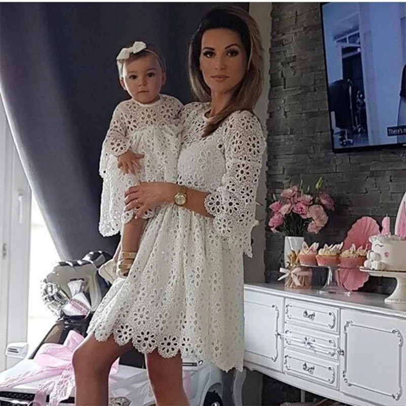 

Family Matching Clothes Fitted Lace Dress Female Women'S Trumpet Sleeves Party Dress Mother And Daughter Clothes Family Look