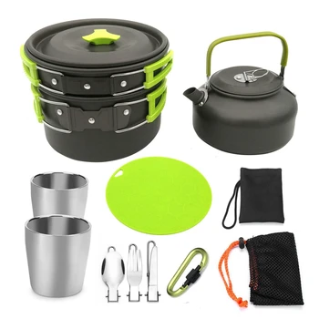 

1 Set 10Pcs Outdoor Pots Pans Camping Cookware Picnic Cooking Set Non-Stick Tableware with Foldable Spoon Fork Knife Kettle Cup