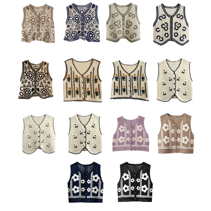 Myazs Donna Vintage Hollow Out Crochet Crop Top Vest Ricamo Floreale Senza Maniche per Giacca Cardigan Button Down Boho Hippie Casual Gilet