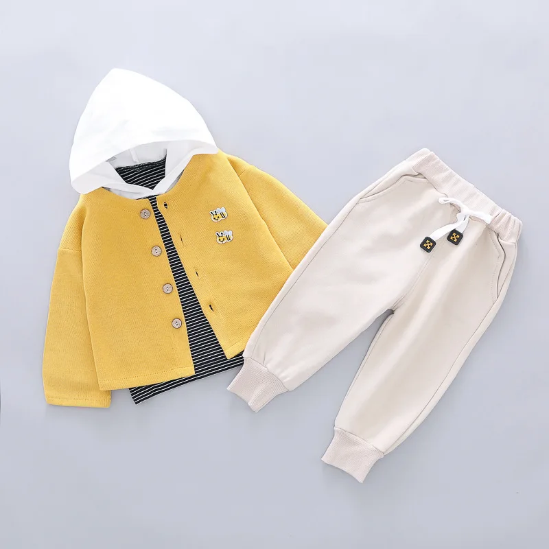 Комплект повседневной одежды для маленьких мальчиков, пальто на молнии с рисунком пчелы комплекты одежды в полоску с капюшоном комплекты из 3 предметов для маленьких девочек