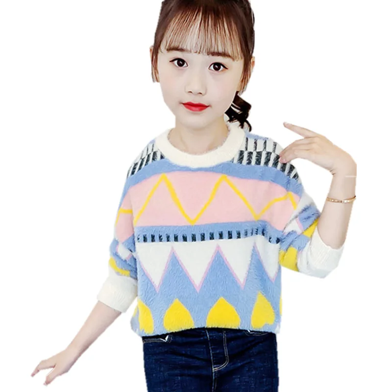 

Vintage Stylish Geometric Rhombic Sweater For Girls Long Sleeve Geometry Pattern Kids Knitted Sweater Children School Clothes