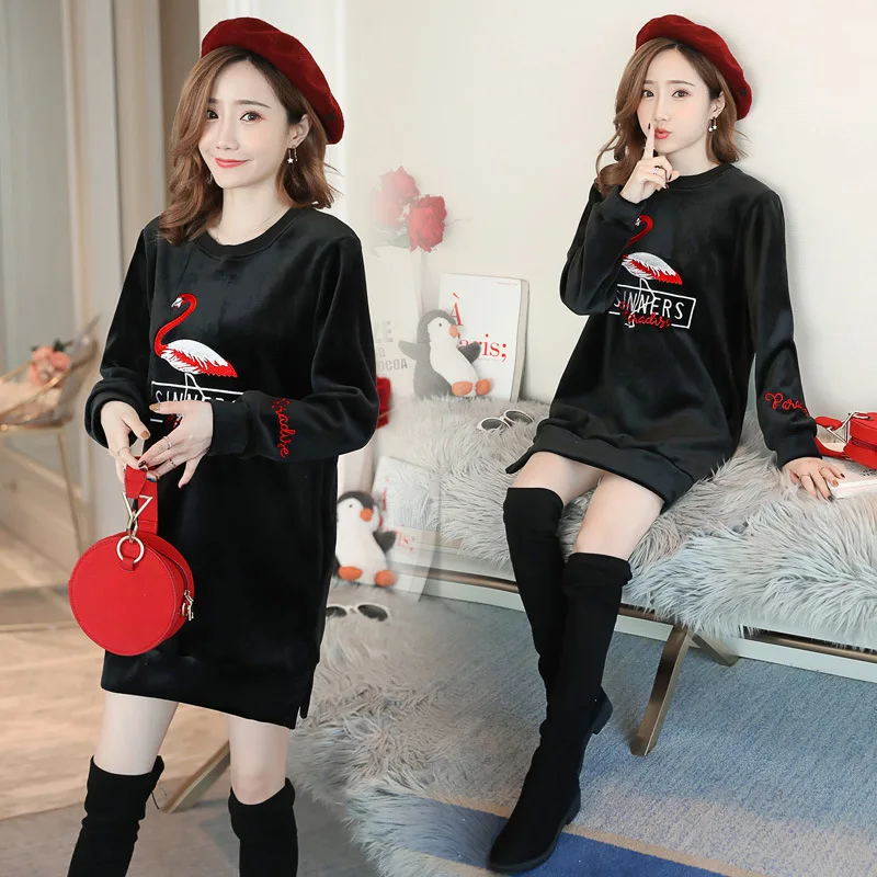 

Photo Shoot 2019 Maternity Clothes Brushed And Thick Double-Sided Island Gold Velvet Hoodie Embroidered Crane Lactation Garment