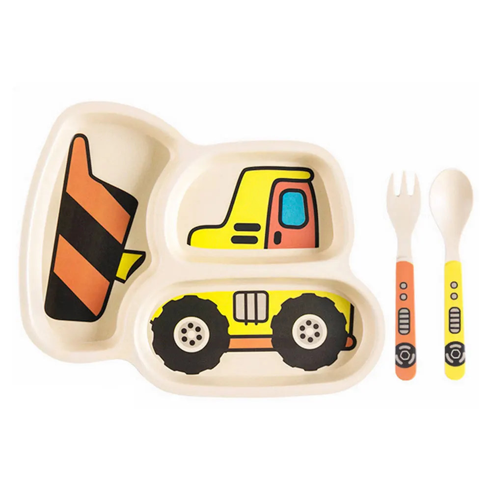 3pcs/set Cartoon Car Plate Fork Spoon Dinner Plates Set Dishes Divided Compartment Plates Tableware for Kids Toddlers Children - Цвет: bulldozer