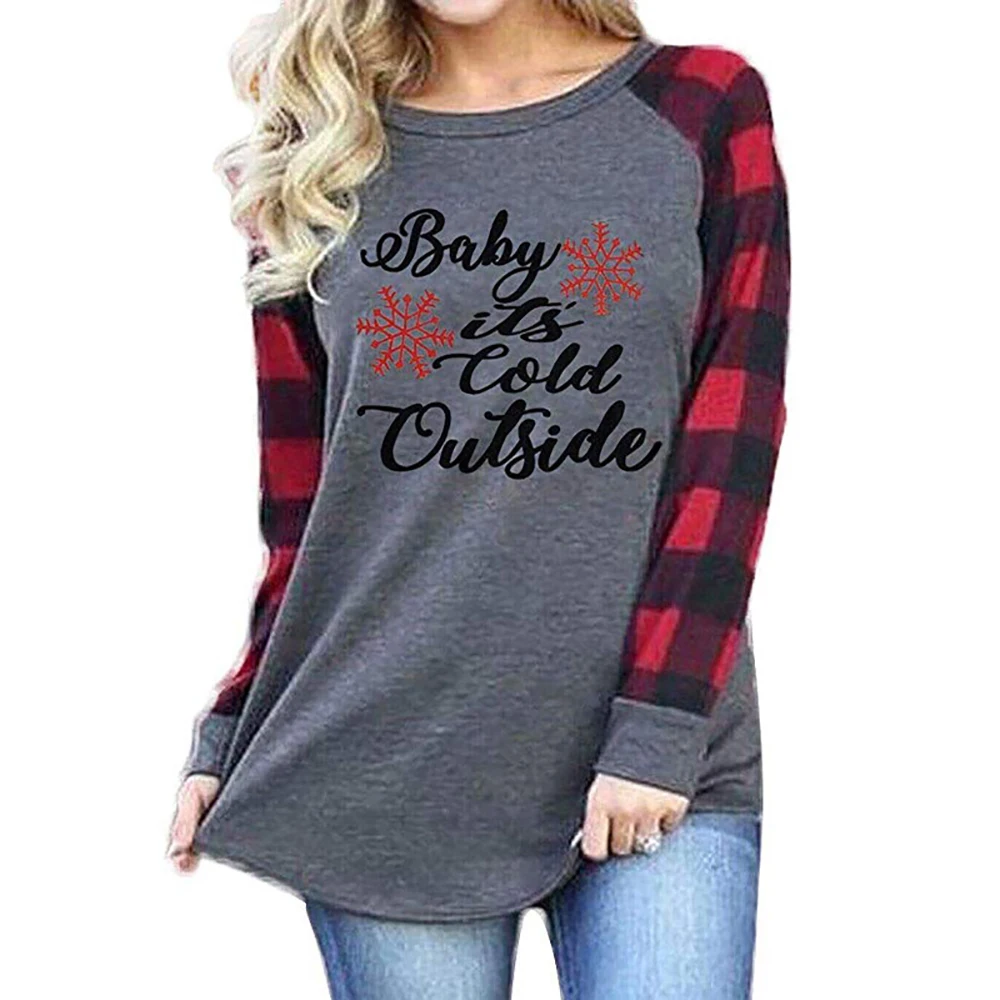 

2019 Fashion Letters Baby Is Cold Outside Printing Round Neck Long Sleeve Christmas Women T Shirt Casual Plaid Ladies Tops Tee